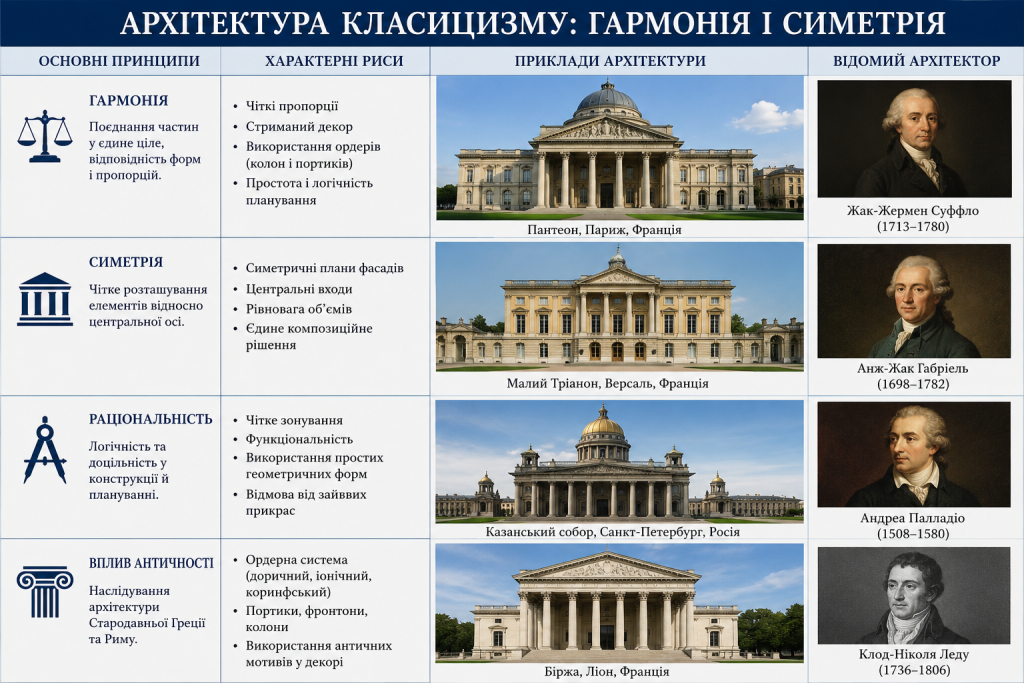 Інфографіка про архітектуру класицизму з прикладами історичних будівель, характерними рисами стилю та відомими архітекторами.
