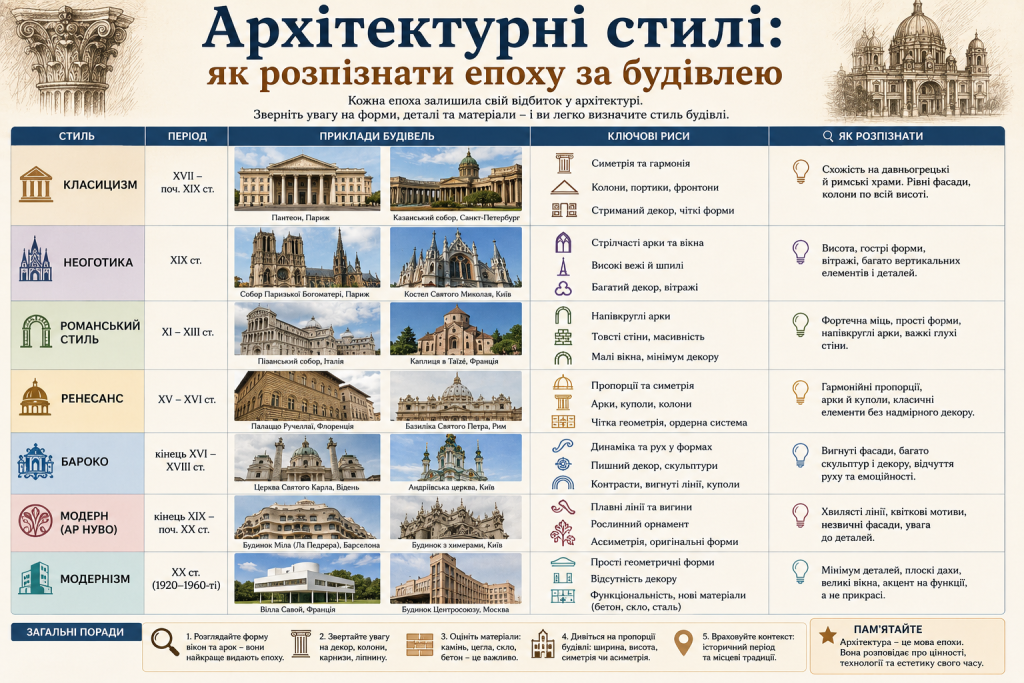 Інфографіка про основні архітектурні стилі, їхні ознаки та приклади будівель