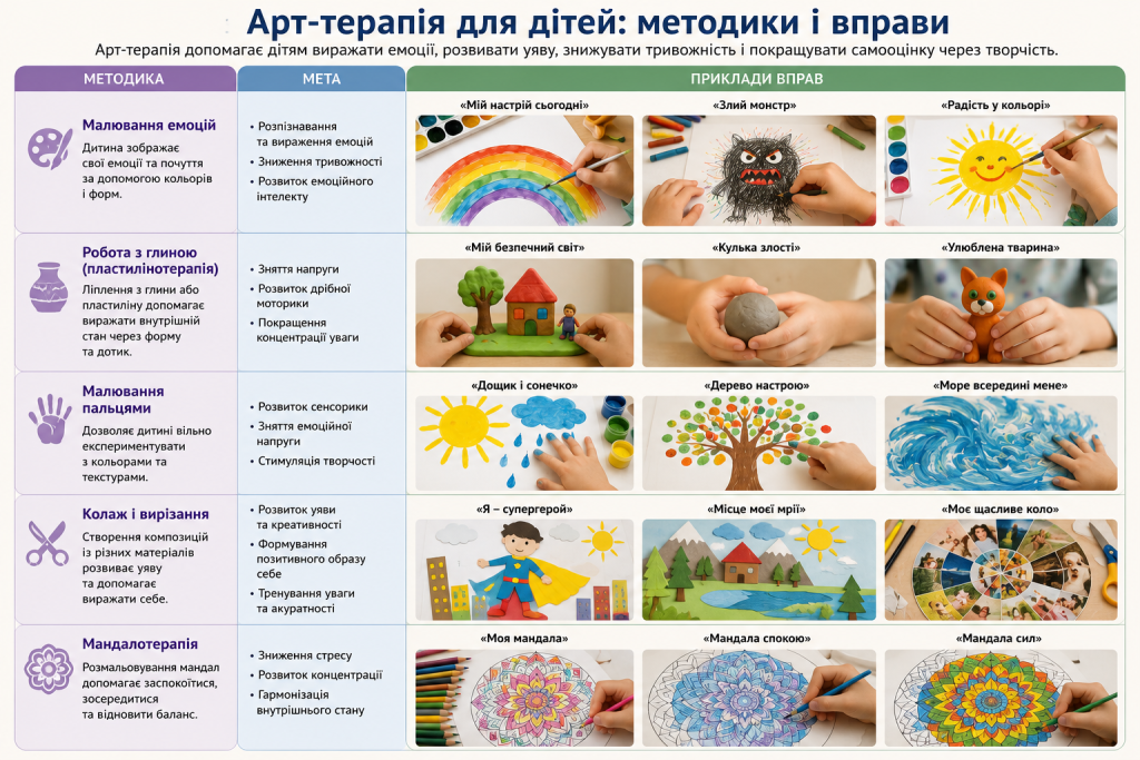 Інфографіка про методики арт-терапії для дітей і творчі вправи