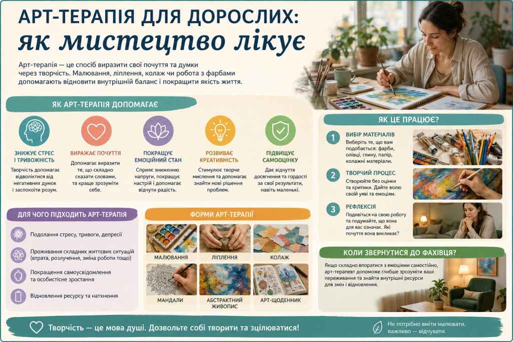 Інфографіка про арт-терапію для дорослих із поясненням переваг, форм творчої діяльності та принципів її застосування.