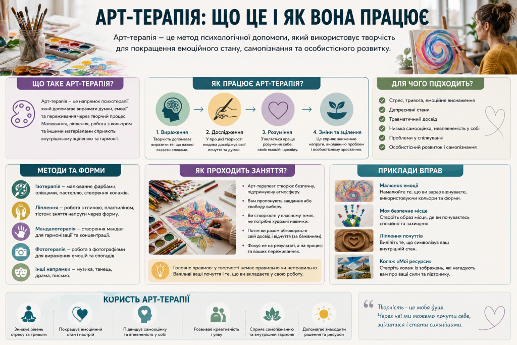 Інфографіка про принципи, методи, вправи та користь арт-терапії