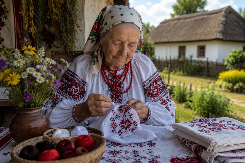 Літня жінка в українському вбранні вишиває традиційний орнамент вручну