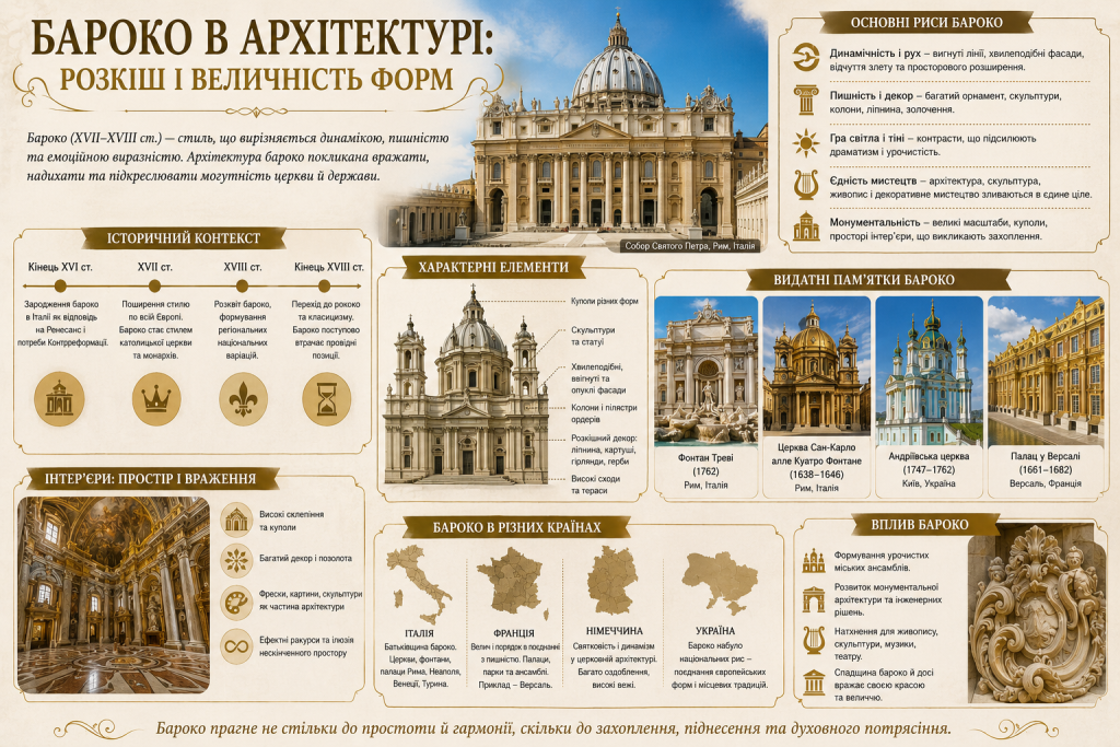 Інфографіка про стиль бароко в архітектурі, його особливості та відомі споруди