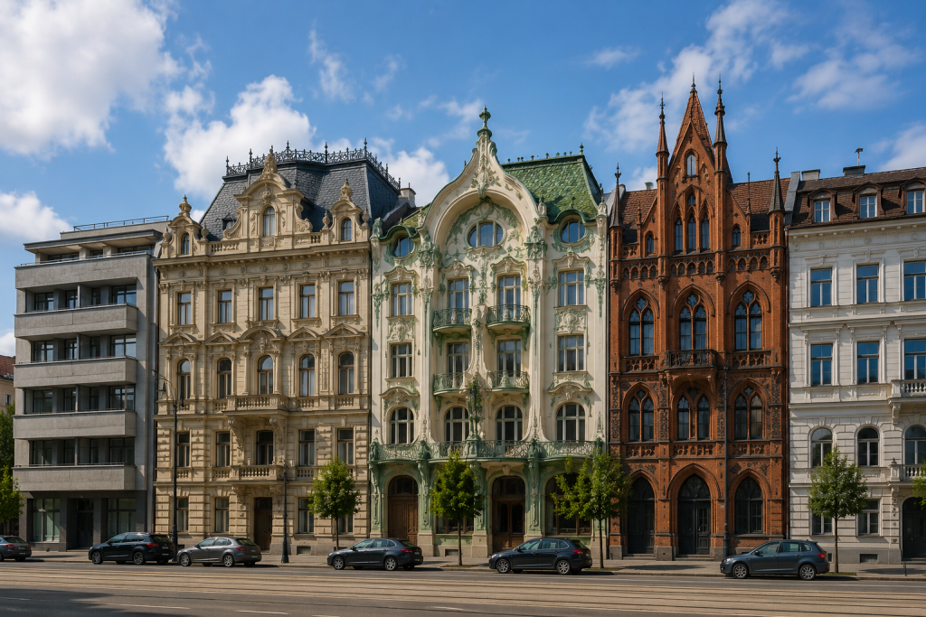 Фасади будівель у стилях модернізм, бароко, модерн та неоготика на одній вулиці