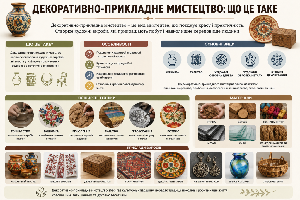 Інфографіка про декоративно-прикладне мистецтво, його види, техніки, матеріали та приклади виробів