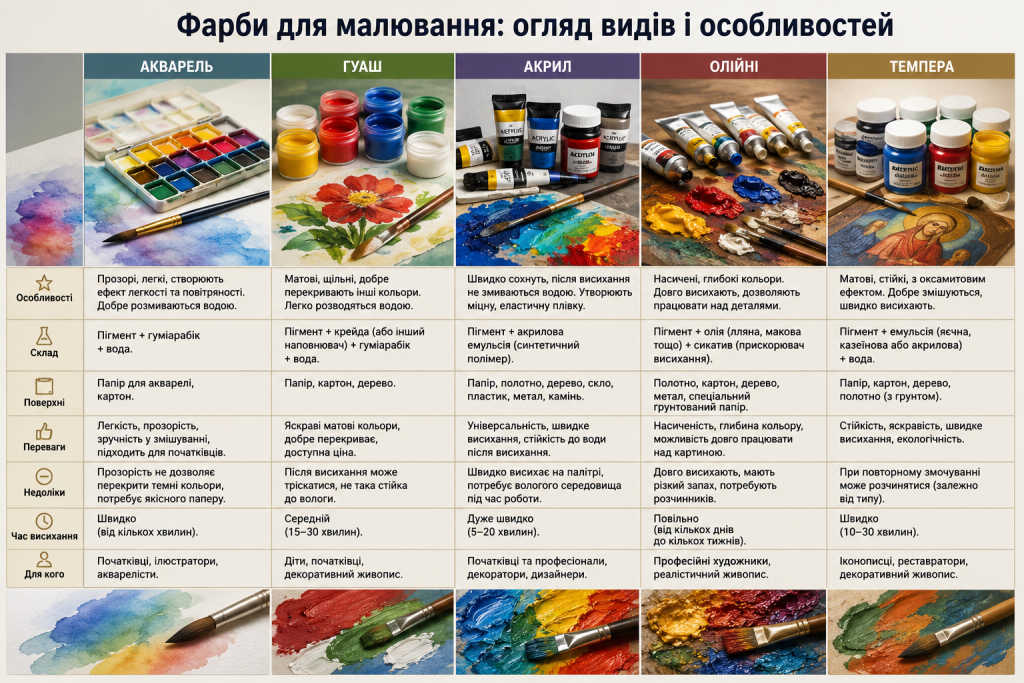 Таблиця з порівнянням акварелі, гуаші, акрилових, олійних фарб і темпери