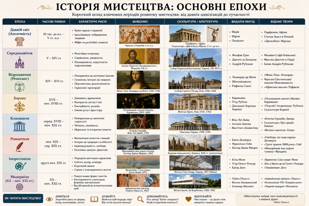 Інфографіка про основні епохи розвитку мистецтва, видатних митців і відомі твори