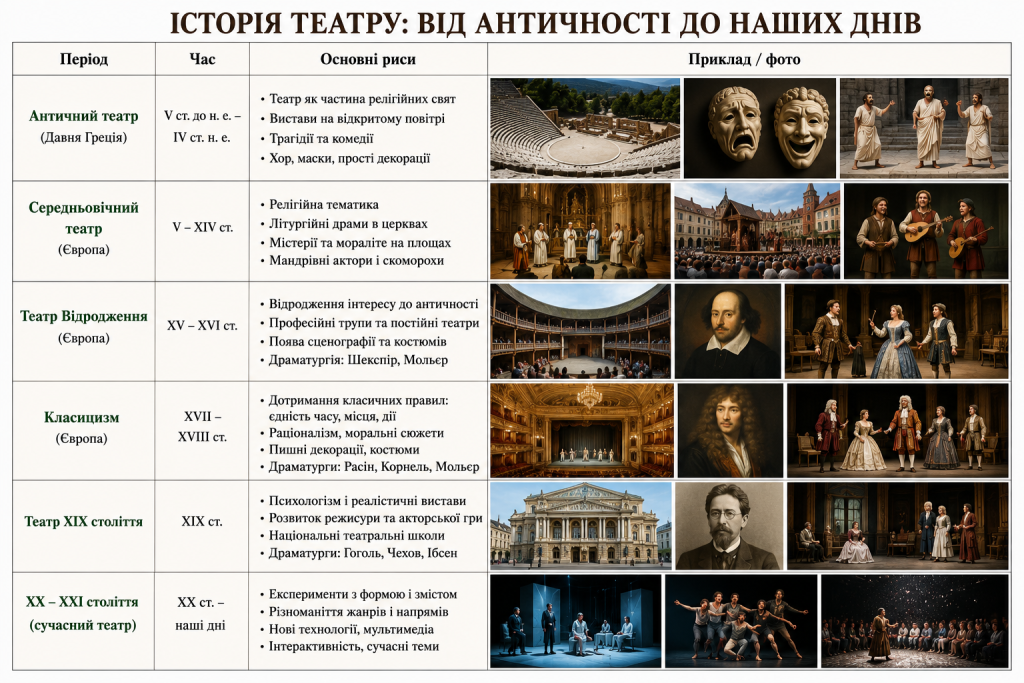Інфографіка про розвиток театру від Давньої Греції до сучасності