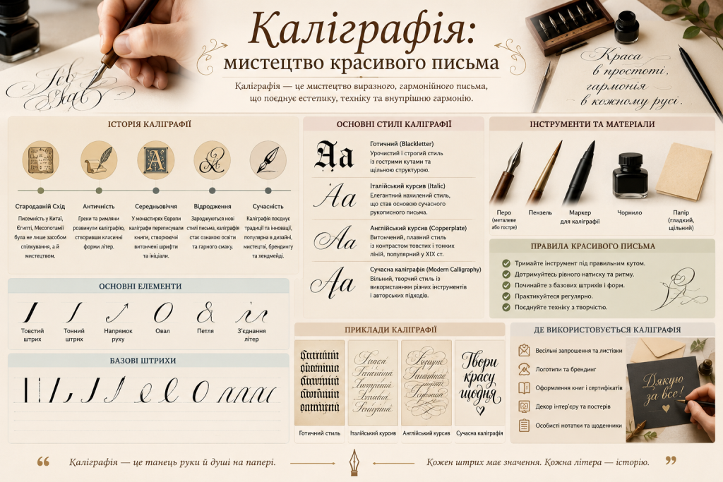Інфографіка про каліграфію, інструменти, стилі письма та базові елементи