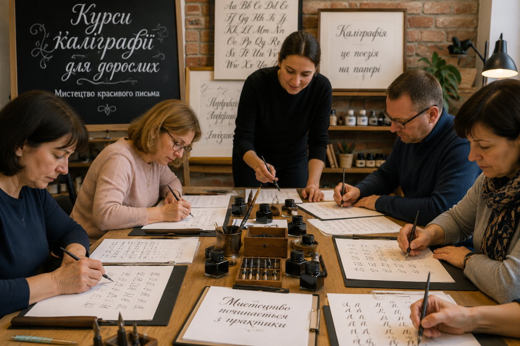 Групове заняття з каліграфії для дорослих під керівництвом викладача