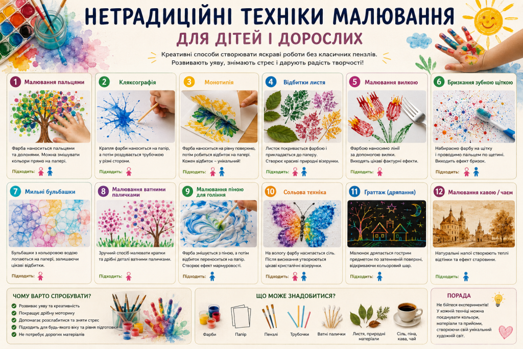 Інфографіка з різними нетрадиційними техніками малювання для дітей і дорослих із прикладами та короткими поясненнями.