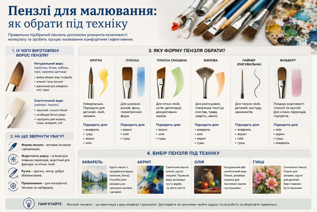 Інфографіка про види пензлів для малювання, матеріали ворсу, форми та рекомендації щодо вибору для акварелі, акрилу, олії й гуаші.