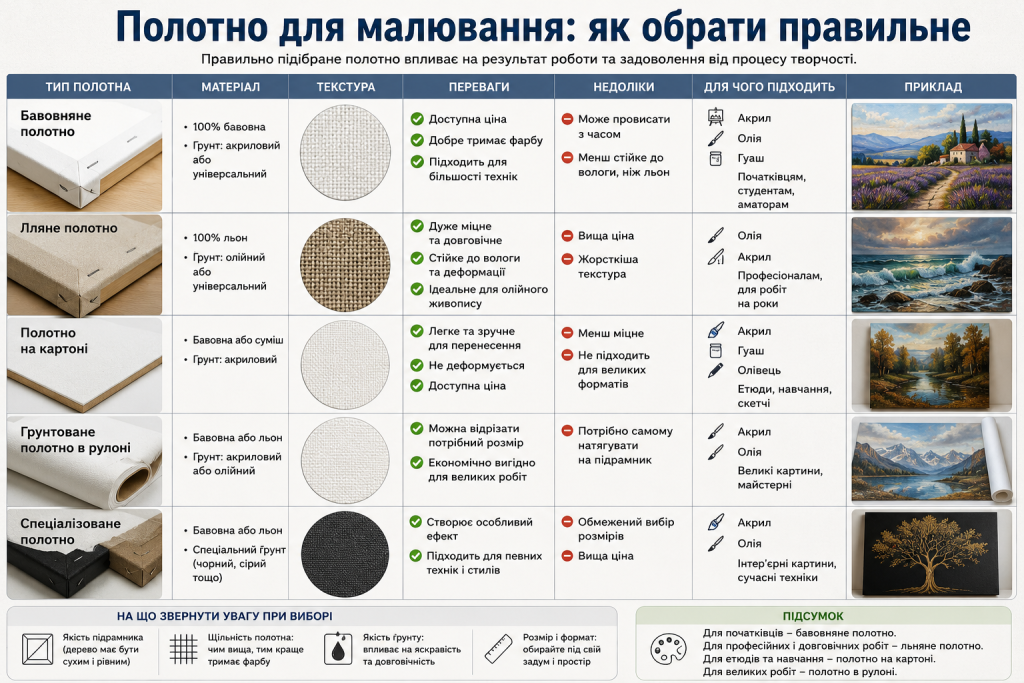 Інфографіка про види полотен для малювання, їхні переваги та особливості