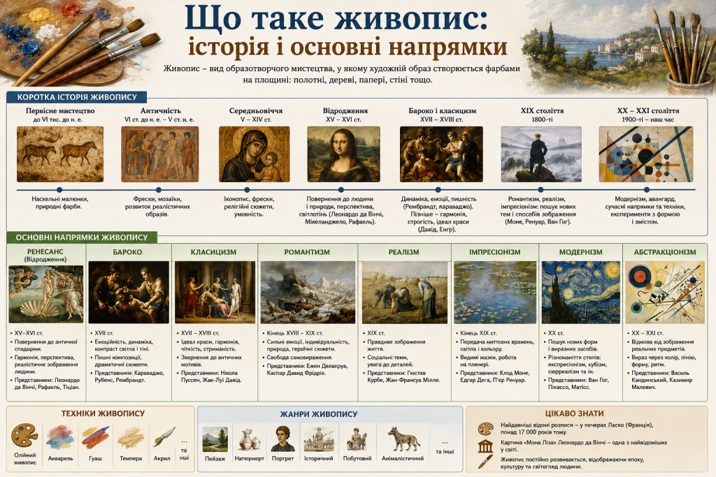 Інфографіка про історію живопису, художні напрями, жанри та техніки