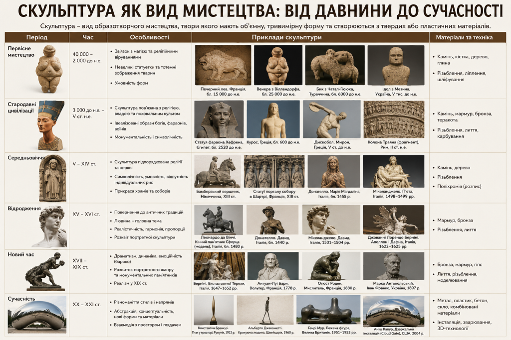 Інфографіка про історію скульптури, етапи розвитку, матеріали та відомі приклади