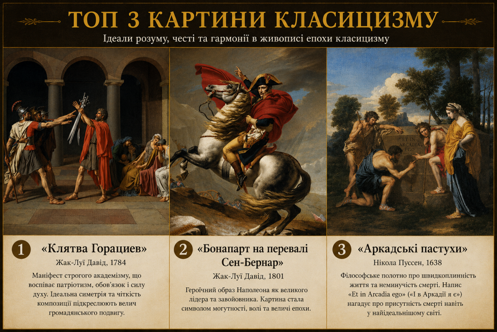Добірка трьох відомих картин класицизму з назвами творів, авторами та коротким описом їхнього художнього значення.