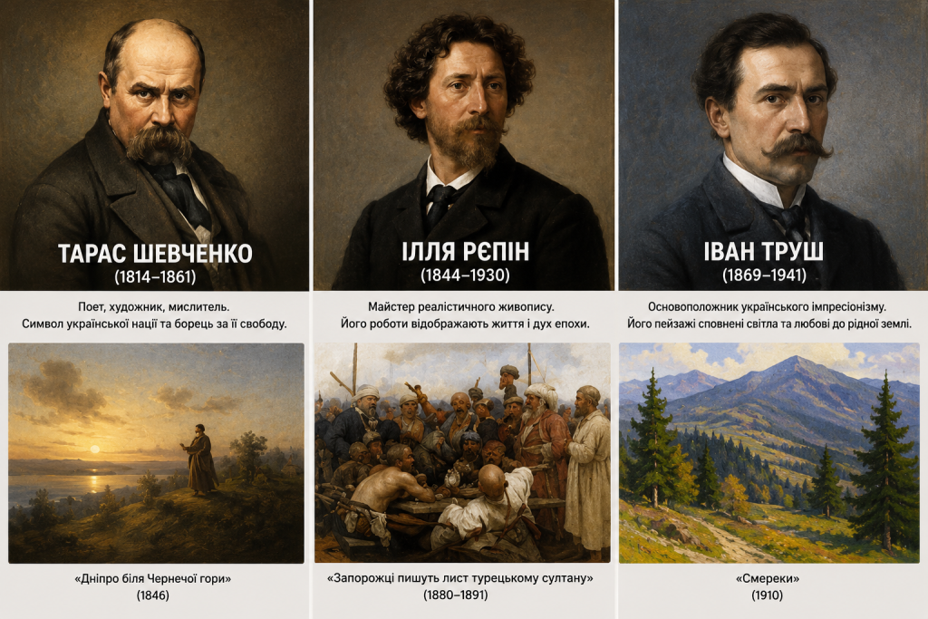 Українські художники, які змінили мистецтво: імена і спадщина Колаж із портретами Тараса Шевченка, Іллі Рєпіна та Івана Труша разом із прикладами їхніх найвідоміших художніх творів.