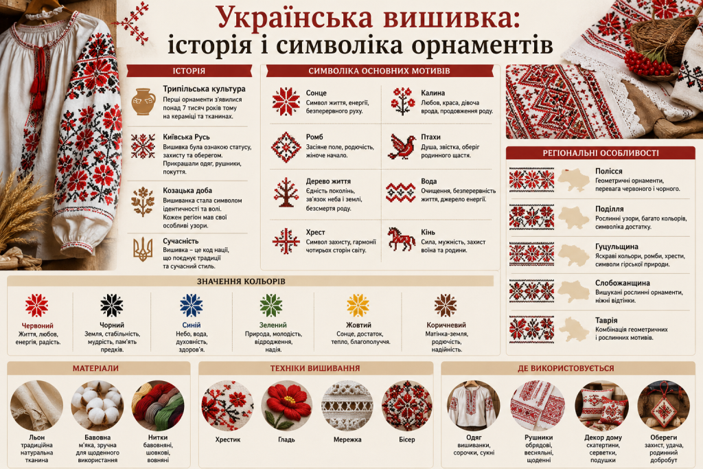 Інфографіка про історію української вишивки, символи орнаментів і техніки вишивання