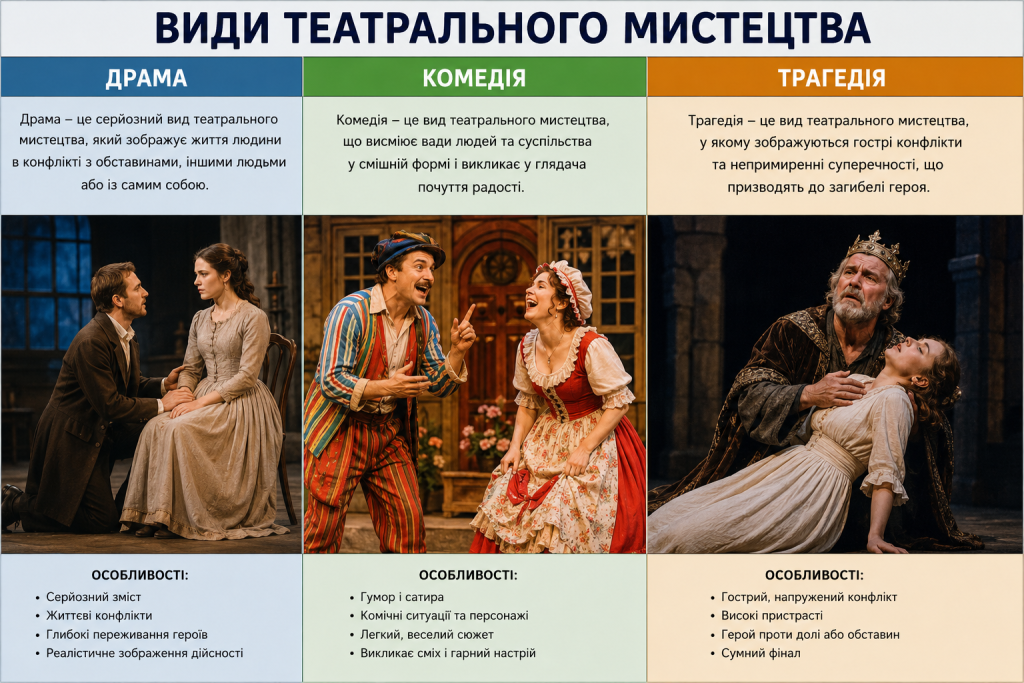 Інфографіка про основні види театрального мистецтва з прикладами драми, комедії та трагедії й описом їхніх особливостей.