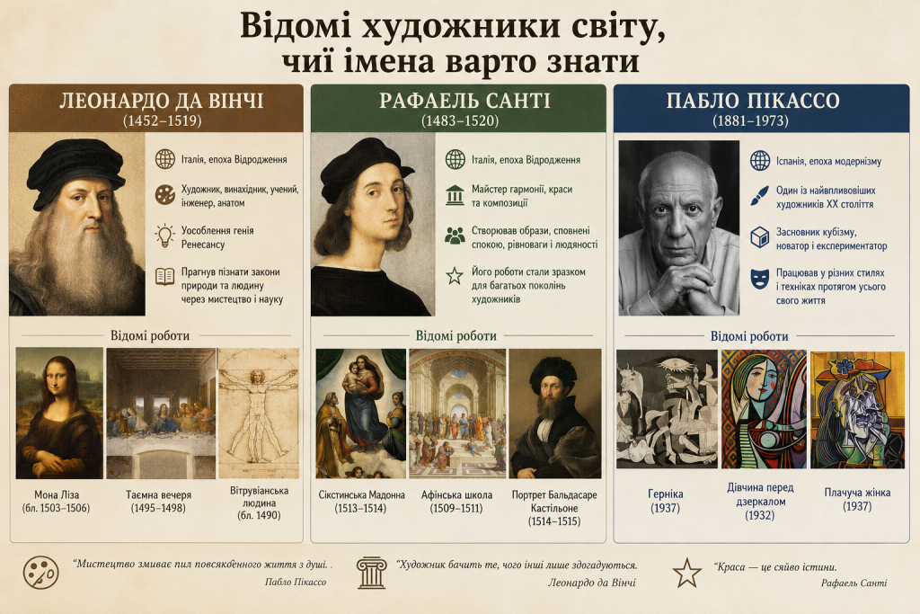 Інфографіка про Леонардо да Вінчі, Рафаеля Санті та Пабло Пікассо з їхніми роботами