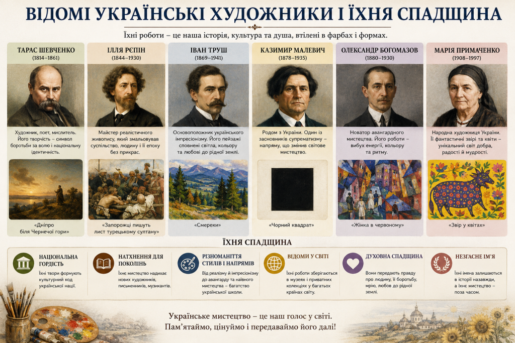 Інфографіка про відомих українських художників, їхні портрети, найвідоміші картини та значення творчої спадщини для української культури.