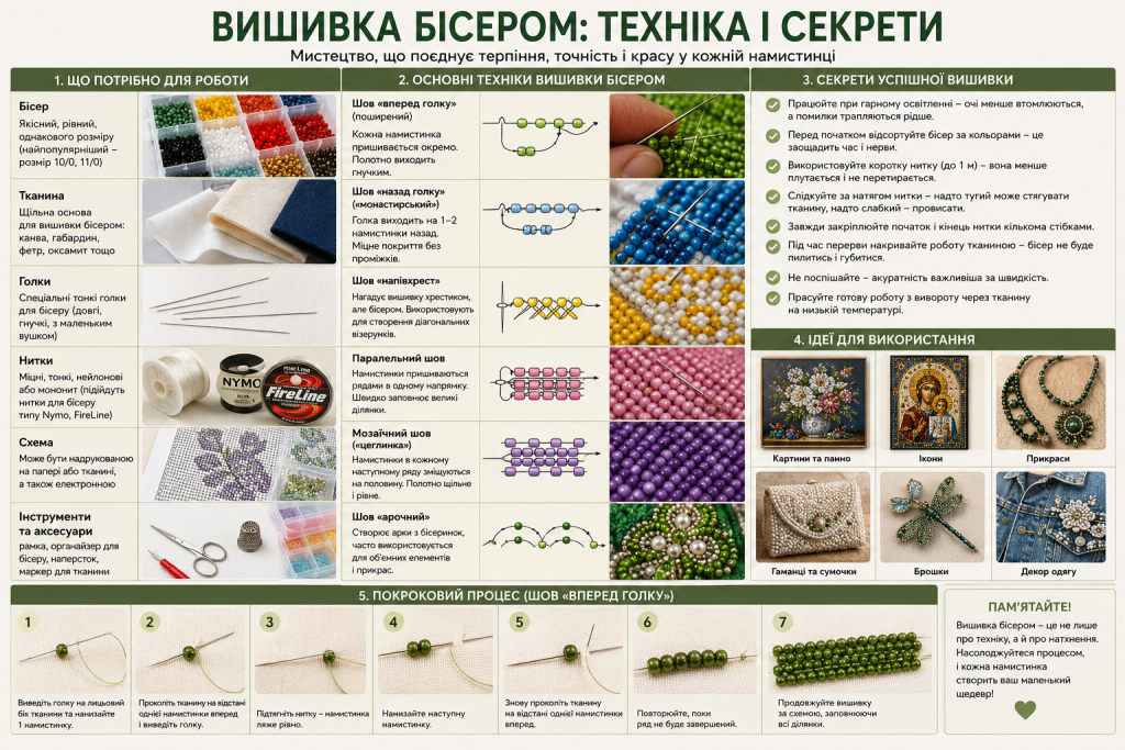 Інфографіка про матеріали, техніки, шви та поради для вишивки бісером