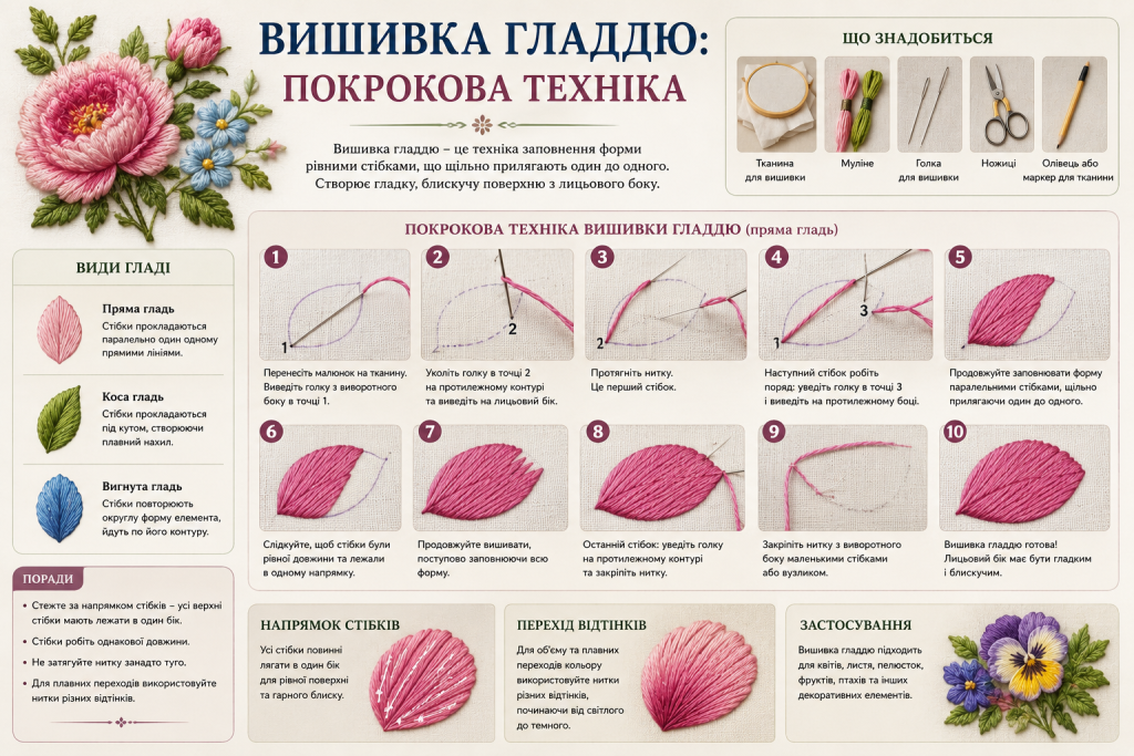 Інфографіка з покроковою технікою вишивки гладдю, видами стібків, необхідними матеріалами та порадами для акуратної роботи.