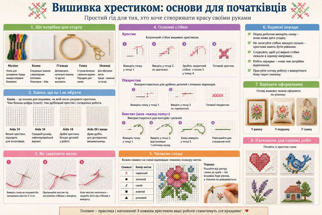 Інфографіка про матеріали, базові стібки та поради для початківців у вишивці хрестиком