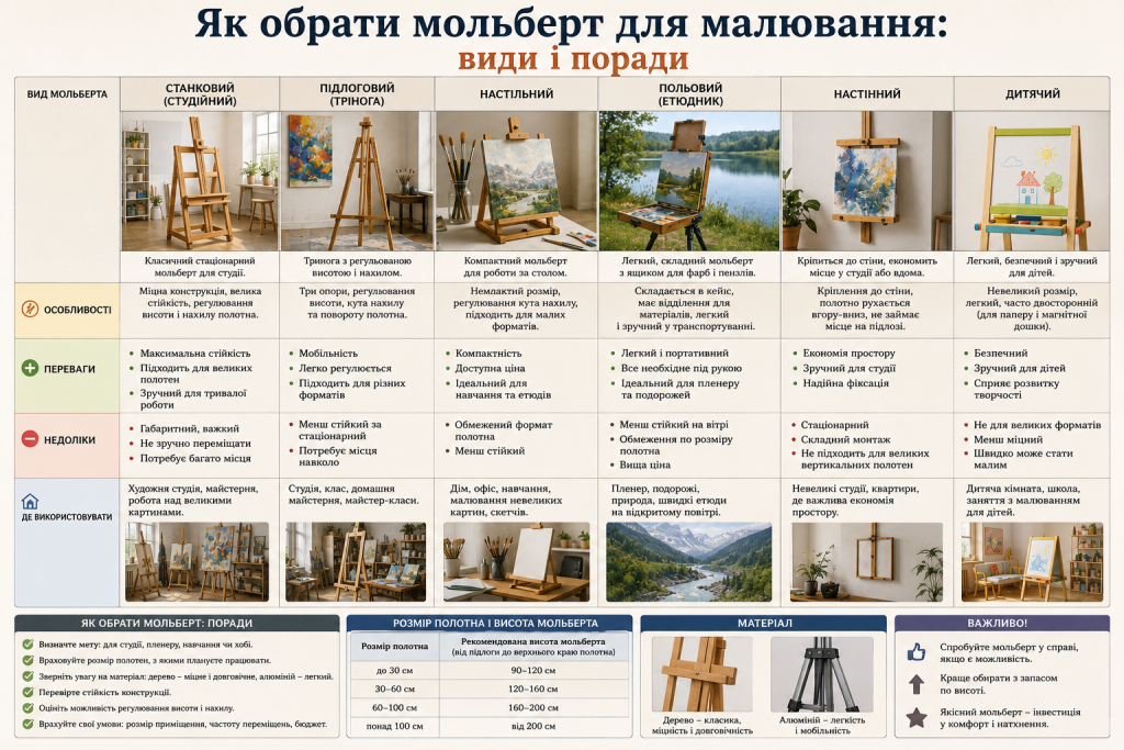Інфографіка про види мольбертів, їхні переваги, недоліки та рекомендації щодо вибору