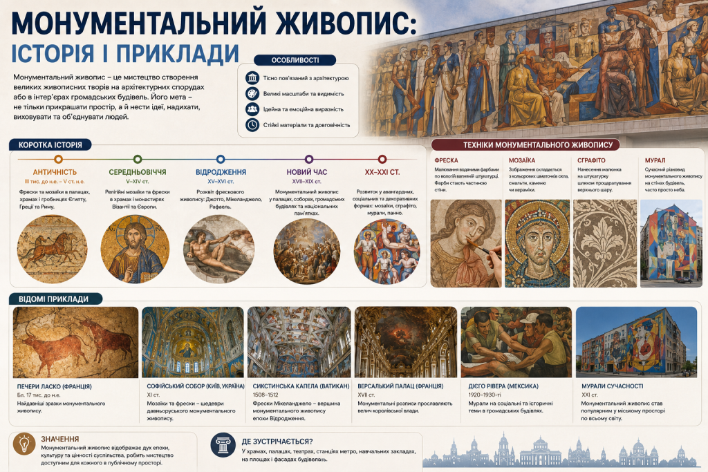 Інфографіка про історію, техніки та відомі приклади монументального живопису
