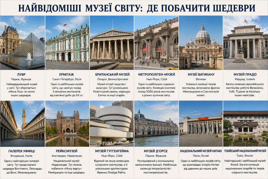 Інфографіка з добіркою найвідоміших музеїв світу, серед яких Лувр, Ермітаж, Британський музей, Метрополітен-музей, музеї Ватикану, Прадо та інші