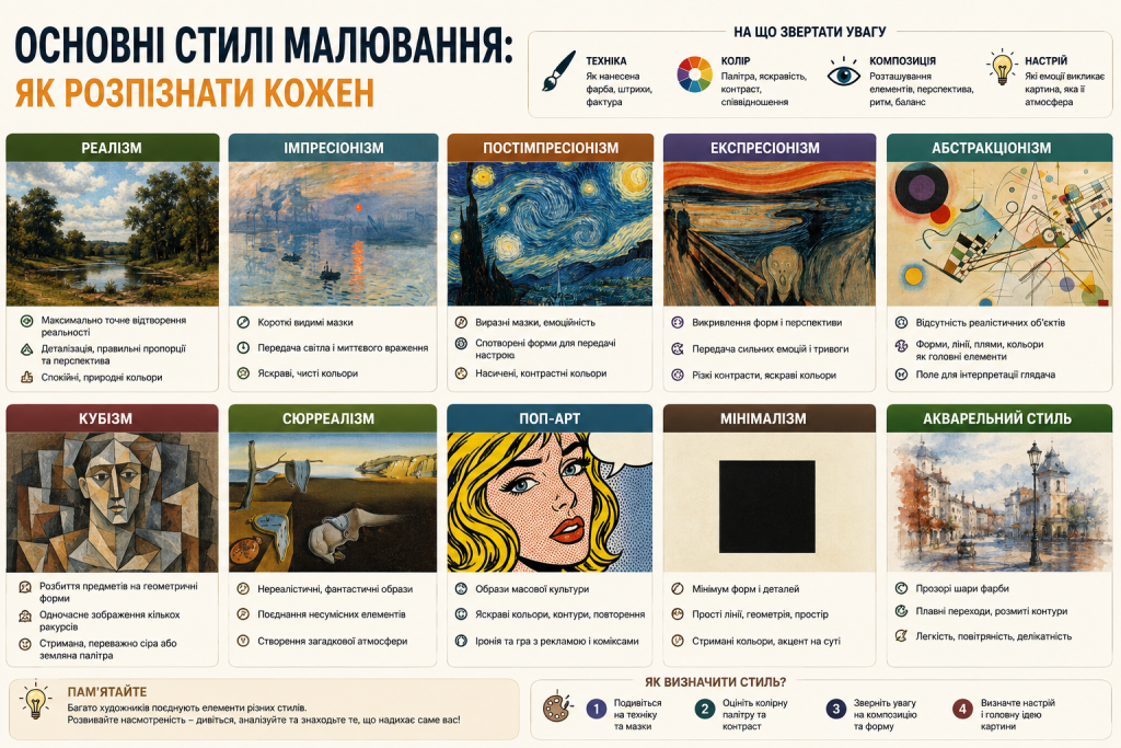 Інфографіка з прикладами реалізму, імпресіонізму, кубізму, сюрреалізму, попарту та інших стилів малювання