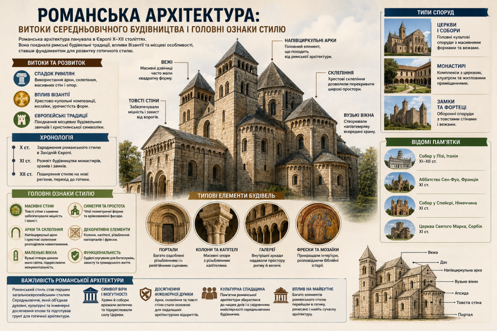 Інфографіка про романську архітектуру, її характерні риси, типи споруд та архітектурні елементи