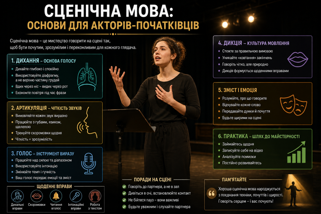 Інфографіка про дихання, артикуляцію, голос, дикцію, емоції та вправи зі сценічної мови для початківців