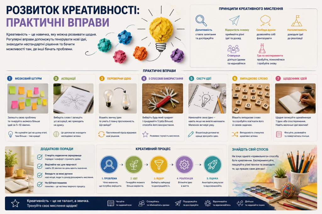 Інфографіка з вправами для розвитку креативності: мозковий штурм, асоціації, скетчі ідей, випадкові слова та щоденник ідей