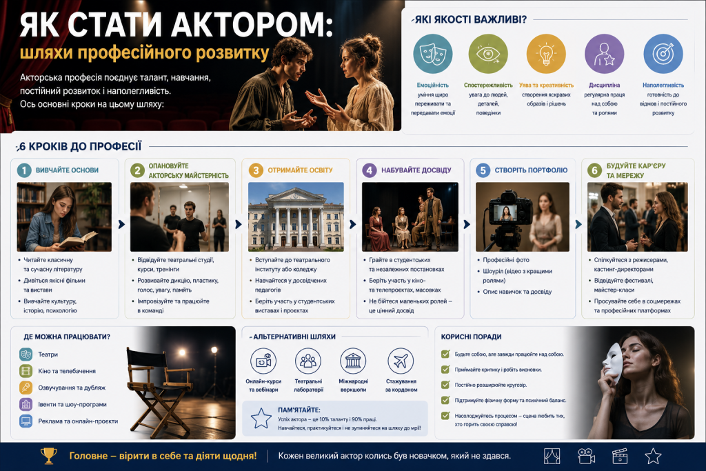 Інфографіка про шлях до професії актора, навчання, акторську майстерність, набуття досвіду, портфоліо та пошук роботи