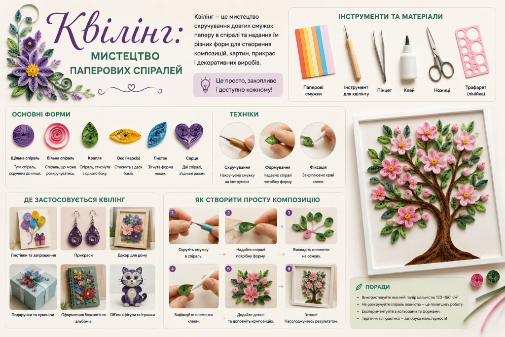 Інфографіка про інструменти, основні форми та техніку створення виробів у стилі квілінг