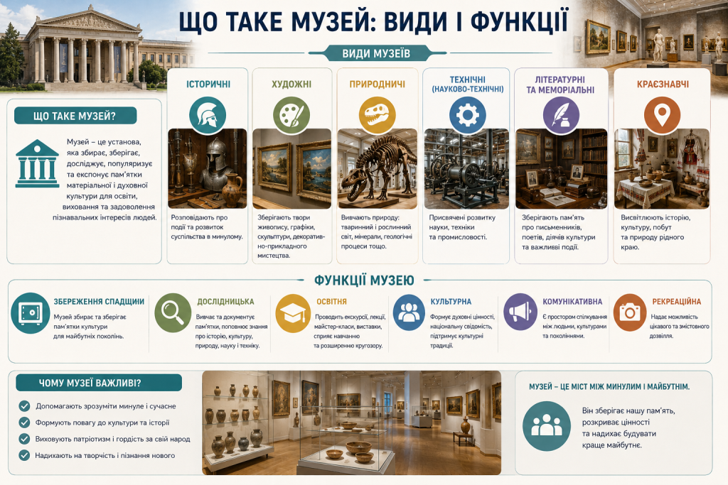 Інфографіка про види музеїв та їхні функції: історичні, художні, природничі, технічні й краєзнавчі музеї