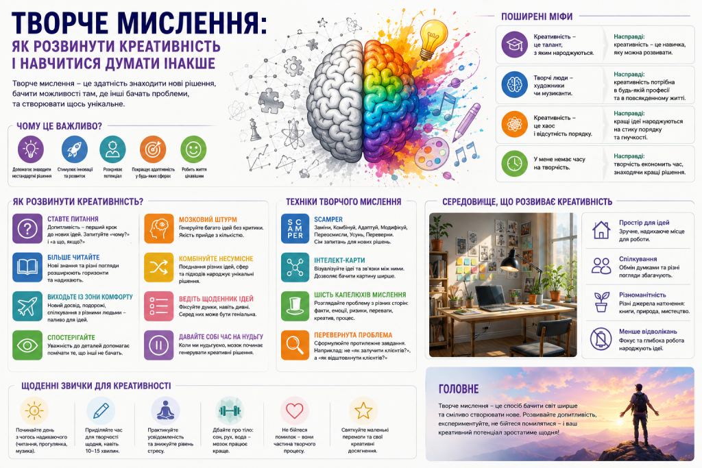 Інфографіка про творче мислення, способи розвитку креативності та техніки пошуку нових ідей