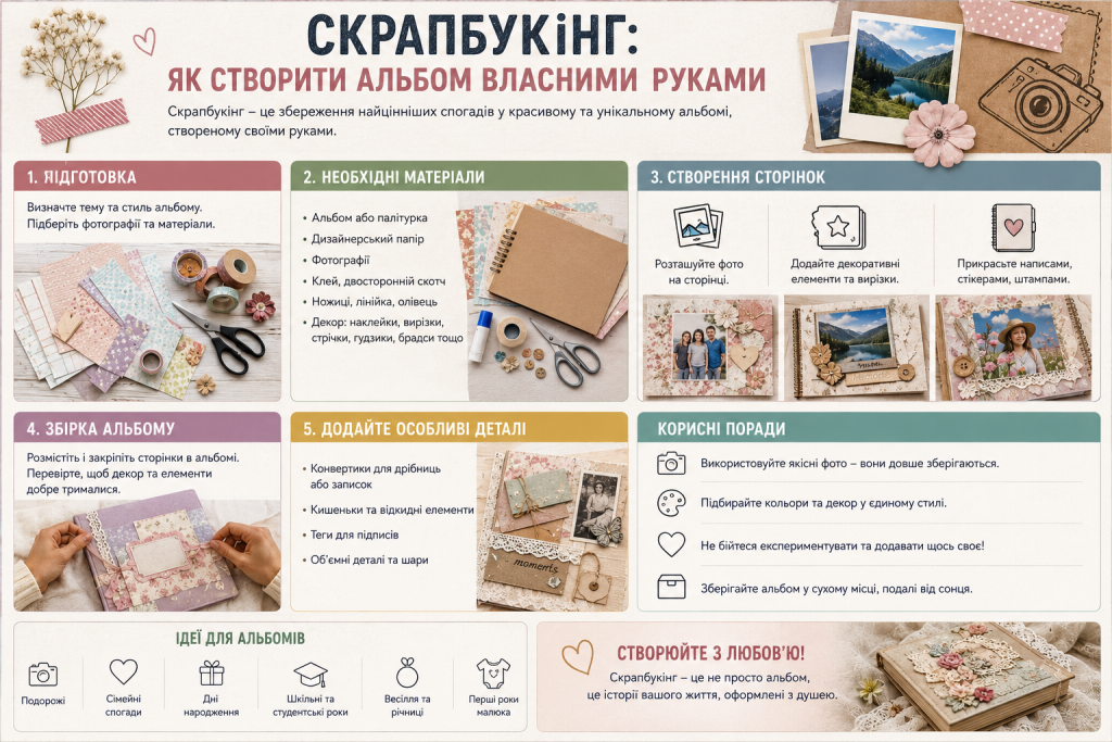 Інфографіка про скрапбукінг: матеріали, створення сторінок, декорування та ідеї для альбому своїми руками